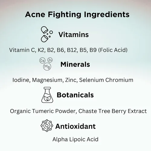 Miniatura 2 de Clear Skin - Paquete de vitaminas para el acné 20 antioxidantes, botánicos, minerales y vitaminas Pastillas hormonales y quísticas para el acné