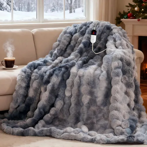 Manta Eléctrica, Suave Manta Térmica de Piel Sintética de Conejo Burbuja con Control Dual, 6 Niveles de Calefacción y 4 Horas de Apagado Automático,
