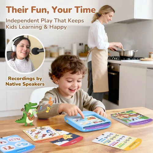 Miniatura 6 de JoyCat Tableta de aprendizaje bilingüe para niños, 106 páginas en español e inglés con 20 juegos interactivos, juguete Montessori para alfabeto