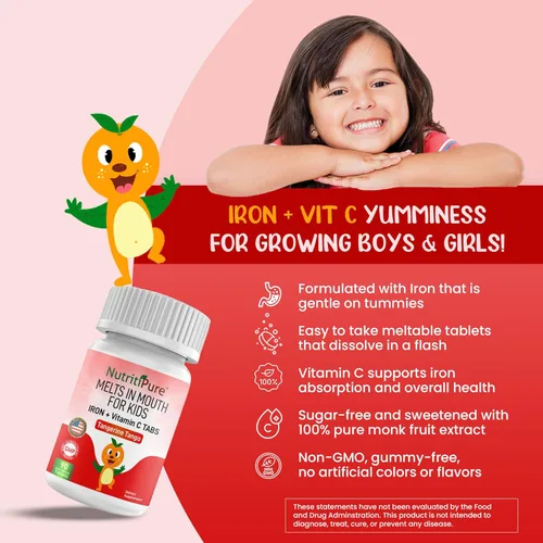 Miniatura 3 de Suplementos de hierro masticables para niños (hierro feronyl/carbonil 9 mg con vitamina C 30 mg) Tableta en sabor mandarina tango naranja suplemento