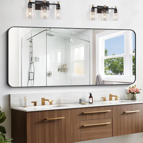 Miniatura 28 de Espejo de baño de 18 x 24 pulgadas con marco de metal negro rectangular, espejo de tocador rectangular de esquinas redondeadas, espejo de pared