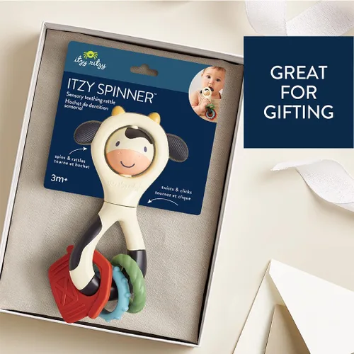 Miniatura 5 de Itzy Ritzy Juguete de sonajero giratorio – Sonajero sensorial de dentición con diseño de vaca, incluye cara giratoria, clics, sonajeros y mordedores