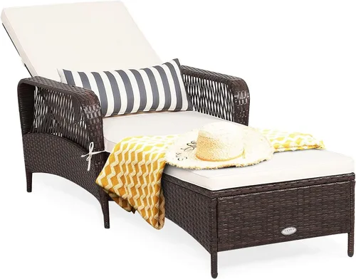 HAPPYGRILL Sillón reclinable de ratán de polietileno para exteriores, tumbona para patio con almohada de cintura extra, silla reclinable con 6 Marrón