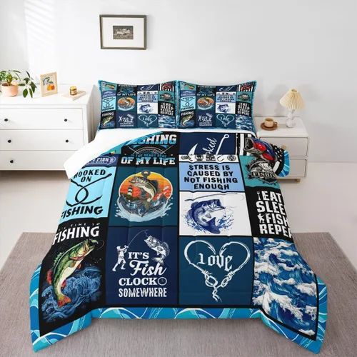 Miniatura 9 de Manfei Go Fishing Juego de edredón tamaño King para niños, juego de ropa de cama con diseño geométrico de peces de bass y rombos, decoración