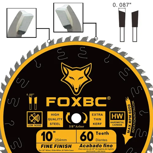 Miniatura 6 de FOXBC Hoja de sierra de mesa de corte transversal de acabado fino de 10 pulgadas, 60 dientes ATB, con eje de 5/8 pulgadas