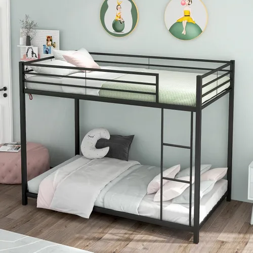 Miniatura 3 de KOMFOTT Litera baja de metal, tamaño individual sobre individual, base de cama resistente con escalera y barandillas de longitud completa, marco