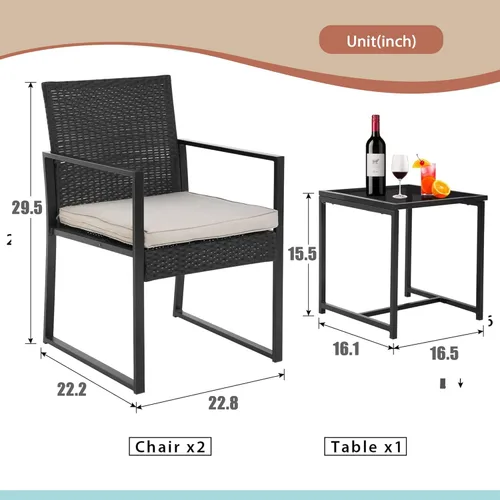 Miniatura 7 de Juego de 3 piezas de bistró para exteriores, mecedora de mimbre, juegos de conversación de ratán, muebles de patio para patio trasero, porche, Caqui
