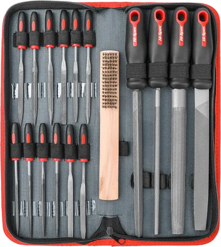 Hi-Spec Juego de herramientas de mano y aguja de metal de 17 piezas. Lima plana de acero al carbono T12, tamaño grande y pequeño, medio redondo,