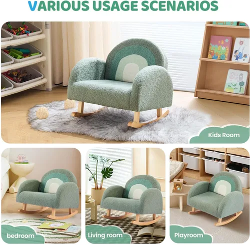 Miniatura 6 de JOYMOR Silla para niños, mecedora de forro polar con patas de madera maciza, diseño antipuntas, sofá infantil para guardería, sala de juegos, verde