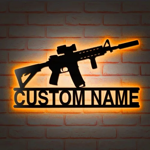 Miniatura 5 de Pistola de 45 calibres con luces LED personalizadas, arte de pared de metal, decoración de nombre de pistola personalizada para colgar