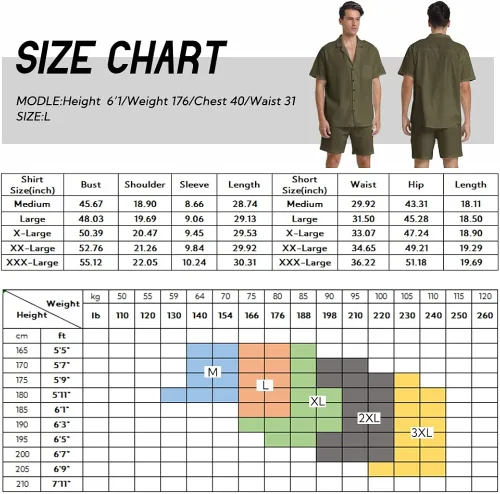 Miniatura 6 de RPOVIG Conjunto corto de camisa de lino conjunto casual de 2 piezas con botones para hombre