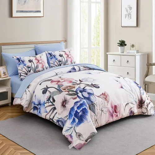 Miniatura 2 de Luxudecor Juego de edredón floral tamaño King de 7 piezas, cama de flores azules en una bolsa, elegante edredón floral con juego de sábanas, juego