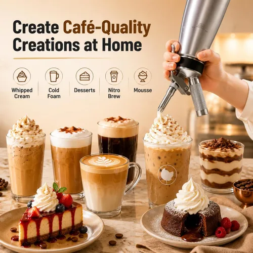 Miniatura 3 de Dispensador profesional de crema batida de acero inoxidable 304, 17 onzas, batidor de crema resistente con boquillas de acero inoxidable para café