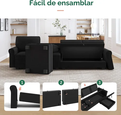 Miniatura 7 de HONBAY - Sofá seccional con asiento de almacenamiento de terciopelo, en forma de U, con tumbona reversible, sofá seccional convertible para sala