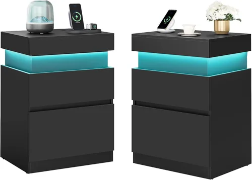 Miniatura 12 de VASAGLE Mesita de noche con estación de carga, 2 salidas de CA y 2 puertos USB, mesita de noche, mesa auxiliar con 3 cajones, estilo moderno, 13.8 x