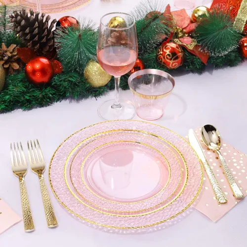 Miniatura 3 de Nervure 175 piezas de platos de plástico rosa y dorados - Platos desechables rosas: 25 platos de cena, 25 platos de postre, 25 tenedores, 25