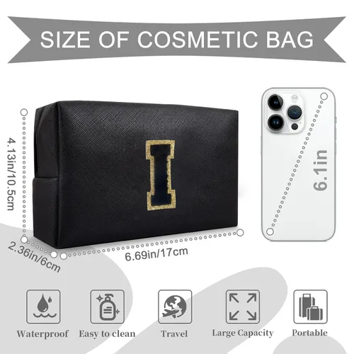 Miniatura 2 de Bolsa de maquillaje personalizada con inicial A-Z, bolsa de cosméticos pequeña de PU con parche preppy y letra de chenilla con cierre para niñas