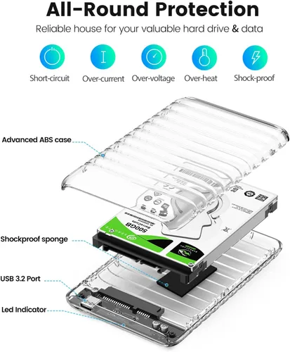 Miniatura 5 de ORICO Caja de disco duro externo de 2.5 pulgadas USB C a SATA III 5Gbps transparente para todos los discos SATA SSD HDD de 7mm 9.5mm 2.5 pulgadas