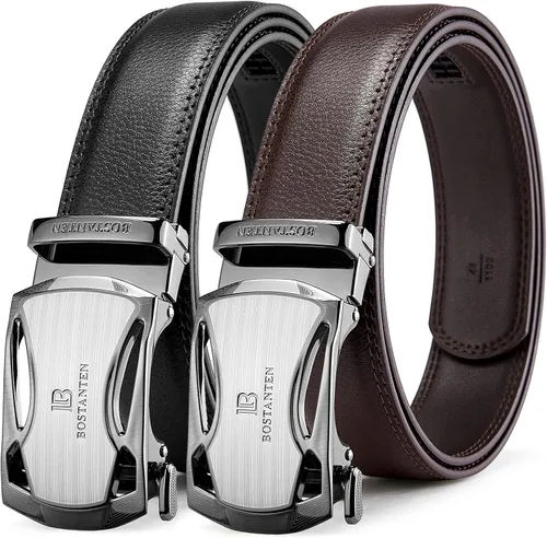 BOSTANTEN Cinturones de vestir de trinquete para hombre, 2 paquetes, cinturones de cuero genuino para hombres con litera deslizante de clic, recorte