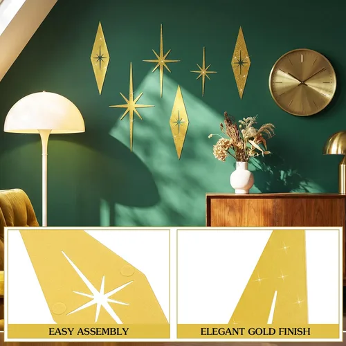 Miniatura 3 de Otoolling 6 piezas de arte de pared moderno de mediados de siglo, arte de pared de hierro fundido retro 3D 8 puntiagudas estrella atómica retro