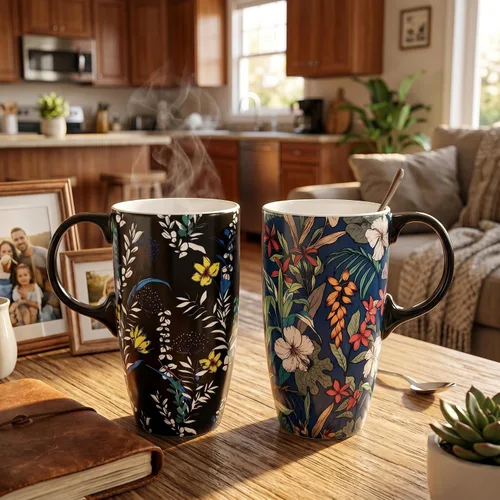 Miniatura 2 de Juego de 2 tazas de café de cerámica de 17 onzas con tapas y cajas de regalo, tazas de té de porcelana floral Art Nouveau Tropical y flores Azul