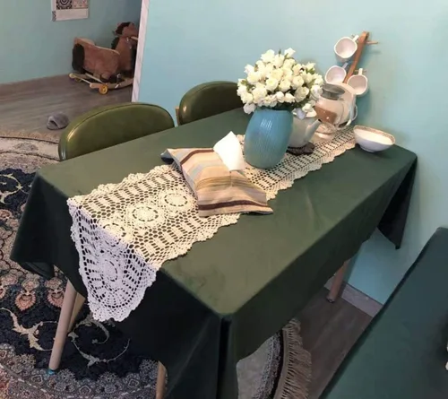 Miniatura 2 de Pasillos de mesa de algodón de ganchillo hechos a mano, color beige, bufandas ovaladas, 11.8 x 35 pulgadas.