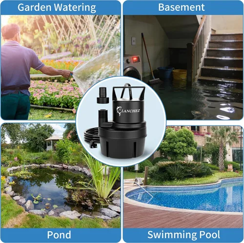 Miniatura 7 de LANCHEZ Bomba de sumidero 1/6 HP 1037 GPH Bomba de agua sumergible termoplástica portátil bomba de baja succión para piscina, jardín, estanque