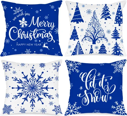 Miniatura 12 de Lanpn Fundas de Almohada Decorativas de Navidad 16x16 4 piezas, Negro Blanco Feliz Navidad Navidad Invierno Copo de Nieve Decorativas Vacaciones