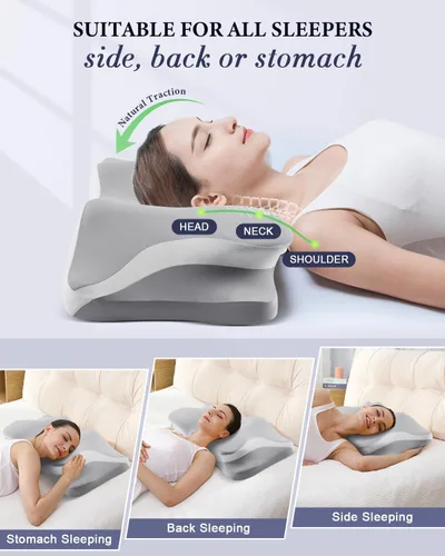 Miniatura 3 de Almohada cervical para el alivio del dolor de cuello, almohadas de espuma viscoelástica de enfriamiento ergonómicas para dormir con funda de Gris