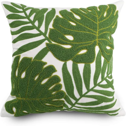 Fundas de almohada bordadas de 18 x 18 pulgadas, decoración del hogar, diseño de hojas verdes tropicales, para sofá, 100% algodón, lona de algodón,