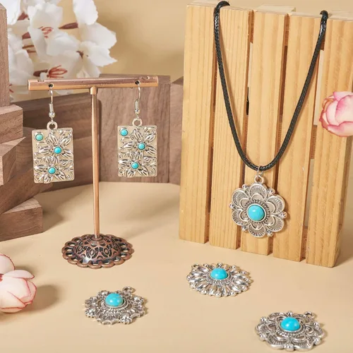 Miniatura 3 de Colgantes de estilo tibetano, dijes de piedra turquesa sintética para collar, pulsera, joyería, fabricación de artesanías, Gema, No es una piedra