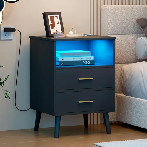 Miniatura 9 de LVSOMT Mesita de noche negra para dormitorio con estación de carga y luces LED, moderna mesita de noche con cajón oculto, mesita de noche
