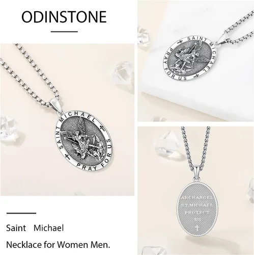 Miniatura 196 de Odinstone Collar de plata de ley 925 con medalla de San Miguel/San Cristóbal/San Benito/Crucifijo de Jesús/San Uriel/Arcángel Rafael para hombres