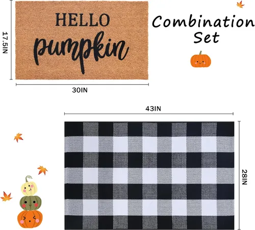 Miniatura 2 de Juego combinado de tapetes de puerta de decoración de otoño, tapete de bienvenida 100% fibra de coco + alfombra a cuadros blancos y negros de 28 x