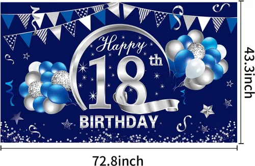 Miniatura 2 de Cartel de cumpleaños número 18 azul y plateado para hombres y niños, suministros de fiesta de telón de fondo de feliz cumpleaños de 18 años, póster