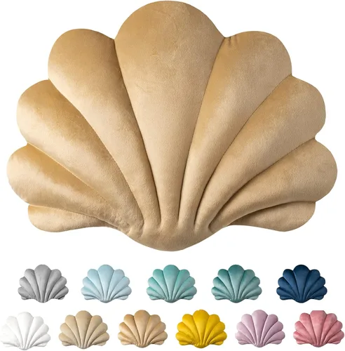 Ashler - Almohadas 3D con forma de concha, cojín de terciopelo suave incluido para sofá, cama, sala de estar, paquete de 1, marrón claro, 18 x 13