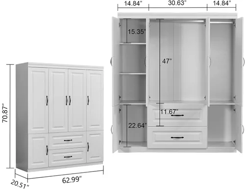 Miniatura 9 de Armario Armario Armario: Armario grande de madera blanca para dormitorio, armario de madera con 4 puertas, 2 cajones, armario alto con estantes y 2