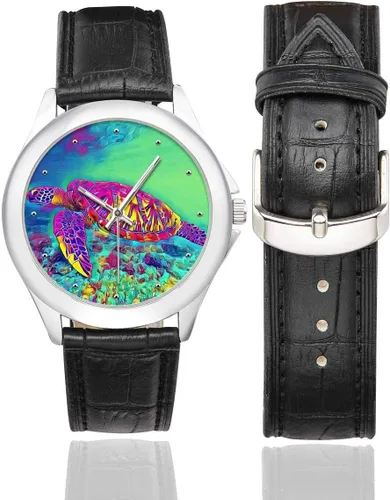 Miniatura 2 de InterestPrint Octopus Sea Turtle Dolphin - Reloj de pulsera para mujer, resistente al agua, acero inoxidable, correa de piel, color negro