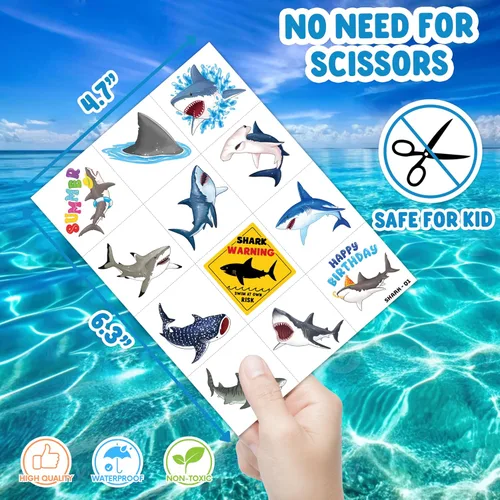Miniatura 4 de 96 tatuajes temporales precortados de tiburón para niños Recuerdos de fiesta de cumpleaños con temática de tiburón súper lindo, suministros