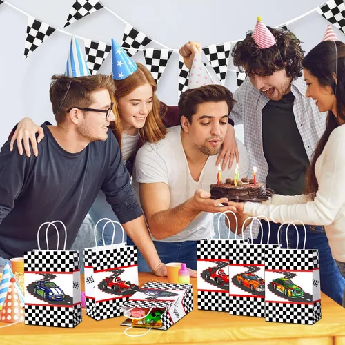 Miniatura 6 de 24 bolsas de regalo para fiestas de autos de carreras, bolsas de papel con asas para niños y niños, con temática de bandera de carreras a cuadros