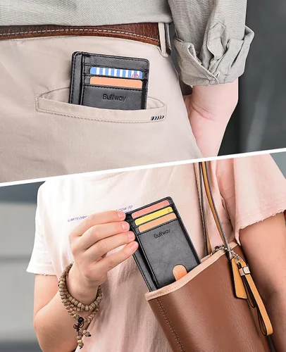 Miniatura 7 de Buffway - Billetera delgada minimalista de cuero con protección RFID para hombre y mujer