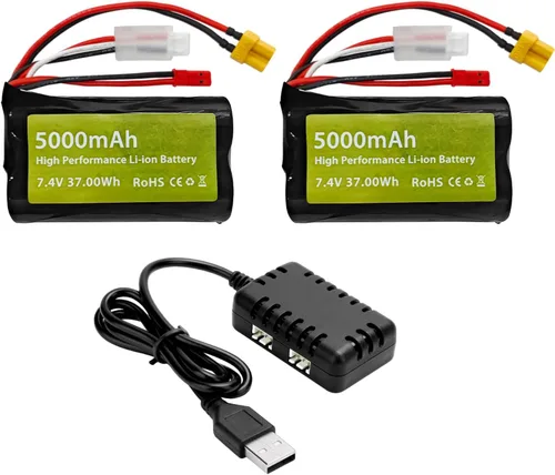 Batería de iones de litio 2 piezas 7.4V 5000mah 2S con enchufe JST y enchufe XT30 con 1 cargador 2 en 1 para TX16S, TX18S, RC4GS, RC6GS, TX12