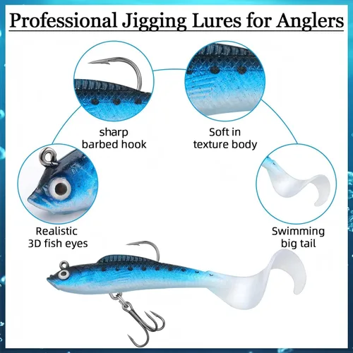 Miniatura 8 de Skylety 24 señuelos de pesca, señuelos de plástico suave para lubina, cabeza de jig, Swimbait, kit de aparejos de plástico suave realista para agua