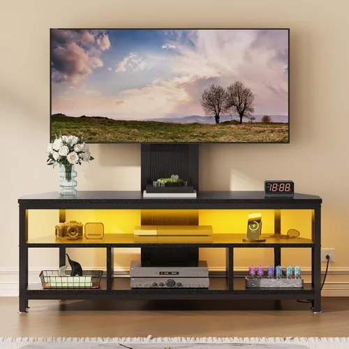 Miniatura 3 de DWVO Soportes de TV negros para sala de estar con toma de corriente, soporte de TV con montaje, centro de entretenimiento LED para TV de 70/65/60