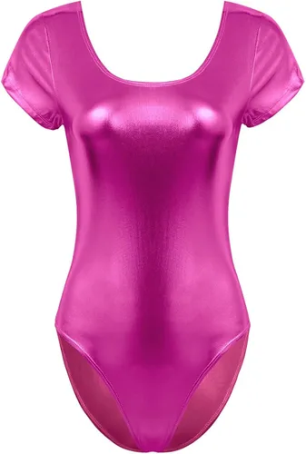 Miniatura 5 de Hedmy Leotardo de manga corta para mujer, de elastano, metálico, brillante, para gimnasia, danza, leotardo