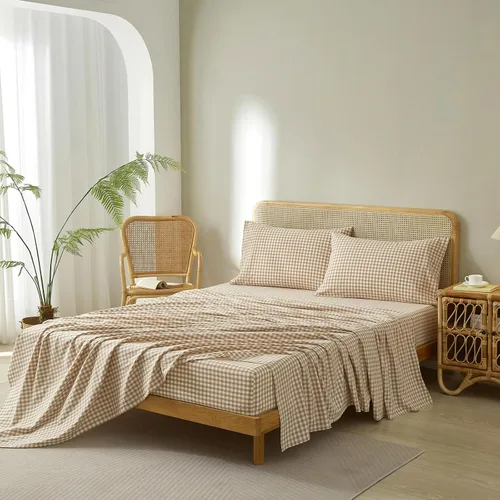 Miniatura 8 de LifeTB Tan Gingham - Juego de sábanas tamaño matrimonial, transpirables, suaves, color beige, gris topo, sábanas a cuadros 100% algodón lavado