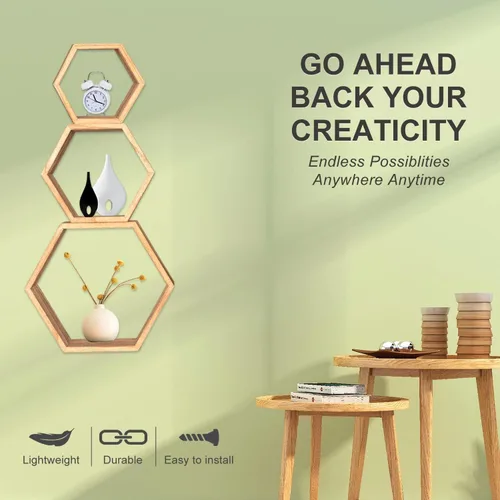 Miniatura 5 de PHOENANCEE Estantes flotantes hexagonales, juego de 5 estantes octágonos montados en la pared, cubo de almacenamiento de madera para baño, cocina