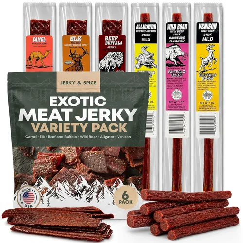 Aperitivos de carne de caza salvaje de Buffalo Bob (paquete de 6) | Muestra de carne seca exótica | Juego de regalo de carne seca de res, cestas de