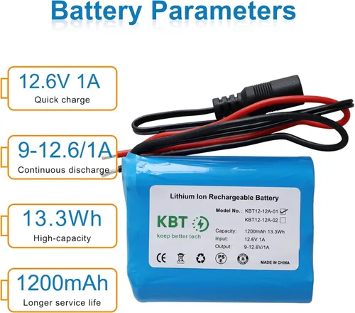 Miniatura 2 de KBT 12V 1200mAh Batería recargable de iones de litio, paquete de batería de repuesto con cables desnudos y cargador compatible para dispositivos