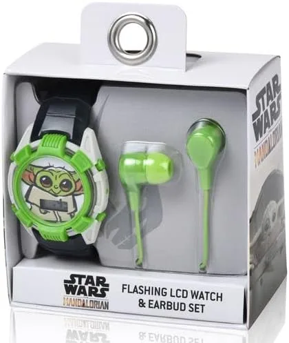 Miniatura 4 de Accutime Lucasfilm Star Wars Baby Yoda - Juego de reloj digital para niños, luces LED intermitentes, pantalla LCD con auriculares, reloj para niños